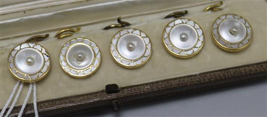A cased 18ct gold, mother of pearl and seed pearl set five (ex six) piece dress stud set.
